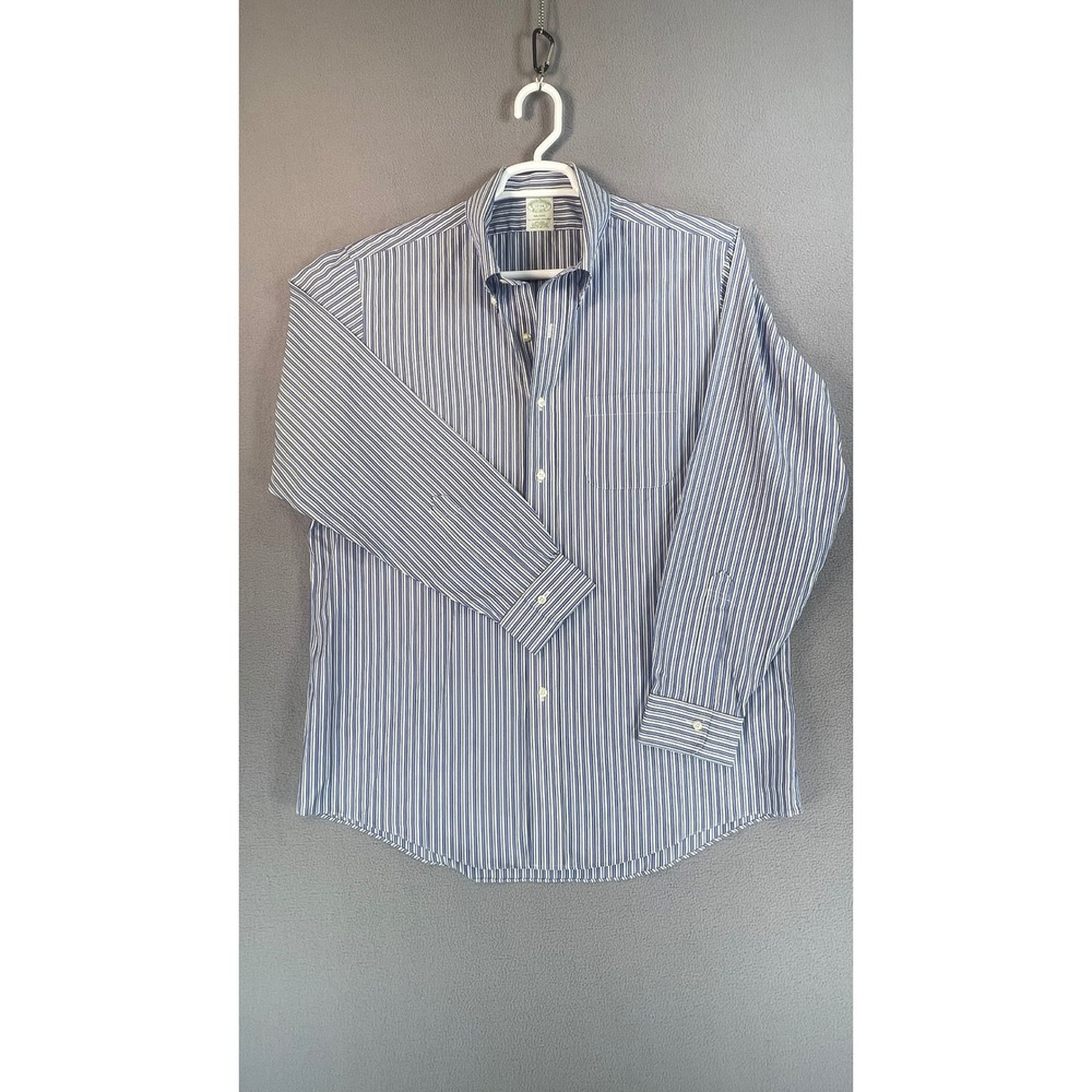 Brooks Brothers Dress Shirt Mens 17-34 Blue Milano Non-Iron Supima Striped